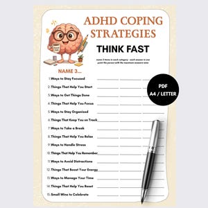 May include: A printable ADHD coping strategies worksheet titled THINK FAST with a cartoon brain character wearing glasses and holding a coffee mug. The document lists 15 categories for writing responses and includes a black pen and a PDF A4/LETTER icon.