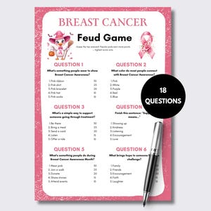Puede incluir: Una hoja de juego Breast Cancer Feud con borde rosa, que incluye un pato de dibujos animados con sombrero de bruja, un lazo rosa y 18 preguntas. Un bolígrafo negro y plateado descansa sobre el papel, que enumera varias preguntas de encuesta.