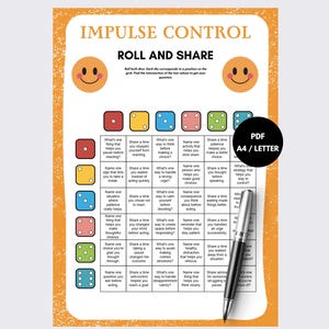 May include: An Impulse Control Roll and Share game sheet featuring a grid with colored dice icons, text prompts for discussion, two smiling face icons, and a black circular badge labeled PDF A4 / LETTER, accompanied by a silver ballpoint pen.