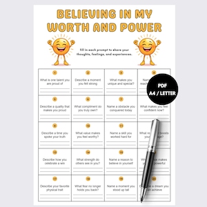May include: A printable worksheet titled Believing In My Worth And Power featuring two yellow smiling emojis with raised arms. The document contains twenty numbered prompts with blank lines for writing, and a black pen rests on the page.