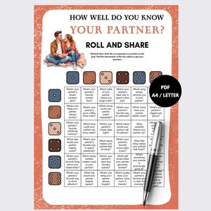 Puede incluir: Una hoja de juego How Well Do You Know Your Partner? Roll and Share con un borde texturizado color coral. La página presenta una ilustración de una pareja, una cuadrícula de preguntas, iconos de dados y un círculo negro con el texto PDF A4/LETTER. Un bolígrafo plateado descansa sobre ella.