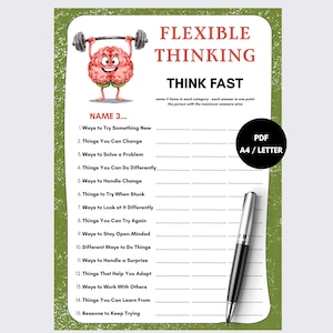 May include: A printable game sheet titled Flexible Thinking and Think Fast with a cartoon brain lifting a barbell. The document includes fifteen numbered prompts to list three items each, featuring a black pen and a circular PDF A4/Letter badge.