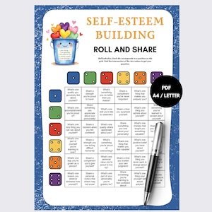 May include: A self-esteem building roll and share game sheet featuring a blue bucket with colorful hearts, a grid of dice icons, and prompts for self-reflection. The document includes a black circular badge labeled PDF A4 / LETTER and a silver pen.