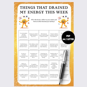 May include: A printable worksheet titled Things That Drained My Energy This Week with a grid of prompts for reflection. The document features orange borders, two yellow emoji characters, and a black pen resting on the page with a PDF A4/Letter icon.