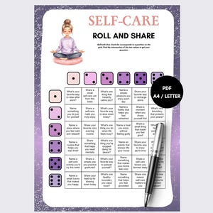 May include: A self-care roll and share game sheet featuring a purple and white design with a cartoon illustration of a person meditating. The grid includes prompts for reflection, dice icons, and a black circular badge labelled PDF A4 / LETTER.