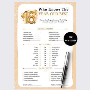 Pode incluir: Uma folha de jogo imprimível para 18º aniversário com gráficos de balões dourados e o texto Who Knows The 18 Year Old Best. O documento inclui seções para favoritos, escolhas de isto ou aquilo e perguntas, com uma caneta preta ao lado.