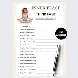 Könnte beinhalten: Ein druckbares Spielblatt mit dem Titel INNER PEACE THINK FAST und einer Illustration einer Person in Yoga-Pose. Das Dokument enthält fünfzehn nummerierte Kategorien mit leeren Zeilen zum Ausfüllen der Antworten sowie einen schwarzen Stift.