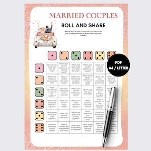 May include: A printable game sheet titled MARRIED COUPLES ROLL AND SHARE featuring a grid with dice icons, conversation prompts, and an illustration of a couple in a car. The document includes a black circular badge labeled PDF A4 / LETTER.