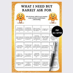Puede incluir: Una hoja de trabajo imprimible titulada WHAT I NEED BUT RARELY ASK FOR, que presenta una cuadrícula de preguntas para la autorreflexión. Dos emojis amarillos con expresiones preocupadas flanquean el texto. Un bolígrafo plateado descansa sobre la página, que incluye una insignia circular negra etiquetada como PDF A4 / LETTER.
