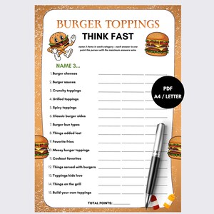 Burger Toppings Think Fast Printable Game | Name 3 Things BBQ Party Game | Cookout & Grilling Group Activity | Instant Download