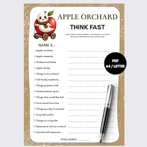 May include: A printable game sheet titled APPLE ORCHARD THINK FAST with a cartoon apple character in a wagon. The list includes 15 categories to name 3 items each. A black and silver pen rests on the page, which features a PDF A4/LETTER badge.