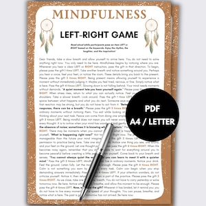 Può includere: Un documento stampato intitolato Mindfulness Left-Right Game con illustrazioni di acchiappasogni su un bordo marrone testurizzato. Il testo fornisce istruzioni per un'attività di gruppo. Una penna nera e argento poggia sulla carta e un cerchio nero mostra PDF A4 / LETTER.