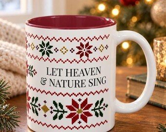 Christmas Carol Accent Mug | Let Heaven & Nature Sing with Poinsettia Cross Stitch Pattern | Holiday Gift