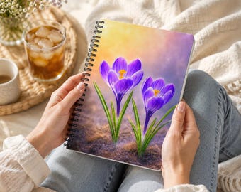 Personalized Purple Crocus Floral Spiral Notebook, Botanical Journal Gift