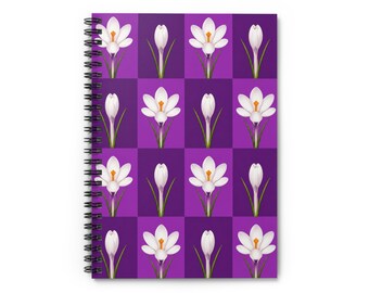 Notitieboek spiraal, bloemenpatroon witte krokus, paars dambord geregeld dagboek, notitieboek lentebloem