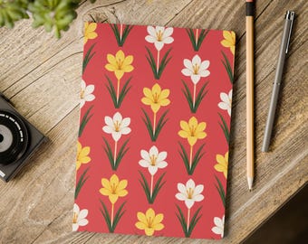 White and Yellow Crocus Floral Journal 5.75x8 Ruled Notebook | Watermelon Coral Cover