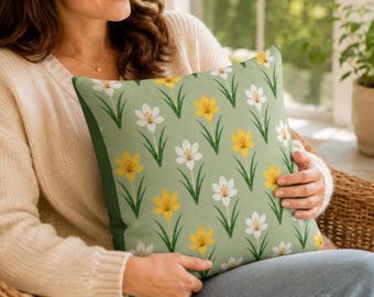 Sage Green Accent Pillow, White and Yellow Crocus, Botanical Throw