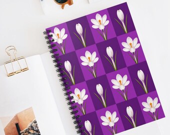 Spiral Notebook, White Crocus Floral Pattern, Purple Checkerboard Ruled Journal, Spring Flower Notebook