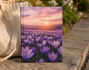 Purple Crocus Field Journal | Hardcover Matte Notebook, Floral Sunrise Writing Journal