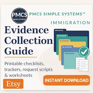 May include: A digital guide titled PMCS Simple Systems Immigration Evidence Collection Guide featuring printable checklists, trackers, request scripts, and worksheets. The graphic displays stacked file folders labeled Navigation, Relationship, and Case Specific.