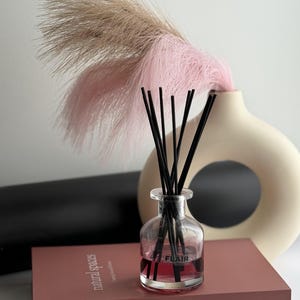 Può includere: Un diffusore a bastoncini in vetro trasparente riempito di liquido rosa con bastoncini neri, posizionato su un libro color malva intitolato NATURAL SPACES. Dietro si trova un vaso in ceramica circolare color crema con erba della pampa beige e rosa.