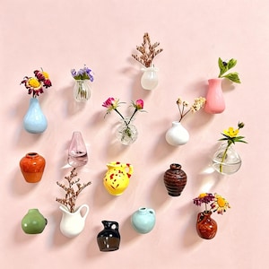 Puede incluir: Una colección de pequeños jarrones de pared en diversas formas, colores y materiales, incluyendo cerámica, vidrio y porcelana. Algunos jarrones son de colores sólidos como naranja, amarillo, blanco y azul, mientras otros son de vidrio transparente.