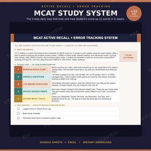MCAT Active Recall + Felspårningssystem: Studiespårare, UWorld-fellogg, hjärndumpningsrubriker, CARS-strategiguide (endast kalkylblad)