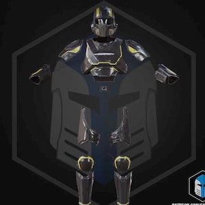 May include: A full set of dark gray and black tactical armor featuring a helmet with a visor, chest plate, shoulder pauldrons, arm guards, thigh plates, and shin guards with yellow accents. The armor is displayed in a disassembled layout.