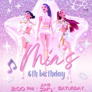 Puede incluir: Una invitación de cumpleaños digital con tres personajes animados en trajes blancos sobre un fondo de estrella morada. El texto dice: NO MORE HIDING I'LL BE SHINING like i'm born to be, Mia's 6th birthday, JUNE 20 SATURDAY, 2:00 PM, 123 ST MIAMI FL 12309, RSVP TO MOM: 123-456-7890.