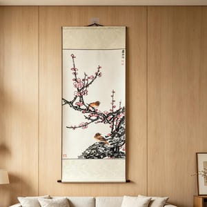 Hand Painted Plum Blossom Scroll – Two Birds Zen Wall Art (32x95cm)