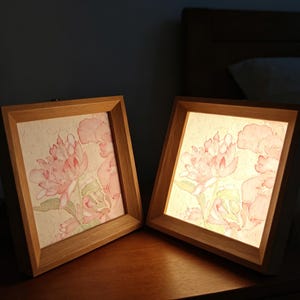 Hand-painted Flora Night Light – 2 original Floral Scenes, 11x11cm Timber Frame, USB – Artful Living
