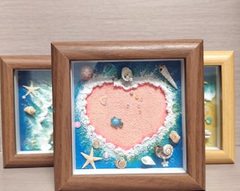 Quadro decorativo com coração rosa e conchas do mar, 12 x 12 cm – Estrela-do-mar azul e pérolas – Moldura rústica selada – Caixa de presente para amantes da praia