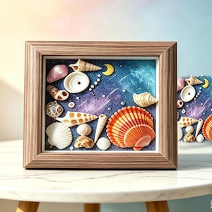 Puede incluir: Un marco de madera cuadrado que contiene un fondo azul profundo con un estampado de galaxia, decorado con varias conchas marinas blancas, bronceadas y naranjas, una pequeña luna creciente amarilla y perlas blancas dispersas.