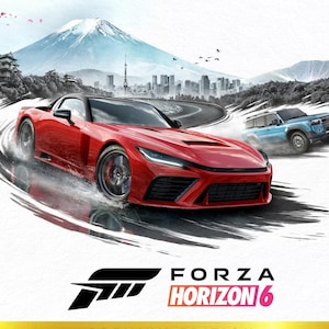 Könnte beinhalten: Ein Videospiel-Cover mit einem roten Sportwagen, der auf einer nassen Straße driftet, und einem blauen SUV im Hintergrund. Ein schneebedeckter Berg und eine Skyline sind zu sehen. Der Text lautet Forza Horizon 6 Premium Edition.
