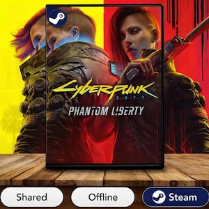 May include: A video game case for Cyberpunk 2077 Phantom Liberty featuring a character with red hair holding a weapon. The cover art displays the game title in yellow and white text against a split yellow and red background with a Steam logo icon.
