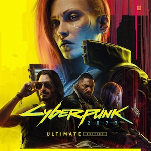 May include: A promotional poster for Cyberpunk 2077 Ultimate Edition featuring a central character with pink hair, flanked by two men, with the text NOT A KEY NOT A CODE SHARED ACCESS OFFLINE printed in bold red letters at the bottom of the image.