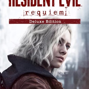 Könnte beinhalten: Ein Werbeplakat für Resident Evil Requiem Deluxe Edition mit einer Person mit kurzem, welligem, hellem Haar, die eine dunkelbraune Lederjacke mit Kapuze trägt. Der Titeltext ist in fetten roten und weißen Buchstaben dargestellt.