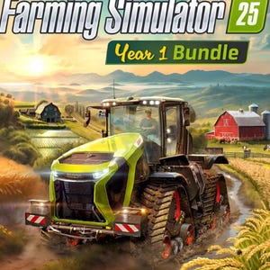 以下が含まれることがあります： Farming Simulator 25 Year 1 Bundleのデジタルゲームカバー。黒いクローラーを備えたライムグリーンのトラクターが泥だらけの畑を走行している様子。背景には赤い納屋、農家、丘の上の日の出が描かれた田園風景が広がっている。
