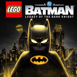 May include: A LEGO Batman Legacy of the Dark Knight Deluxe Edition video game cover featuring a black-masked Batman minifigure with glowing white eyes and a yellow bat emblem on the chest, set against a dark, illuminated Gotham City skyline.