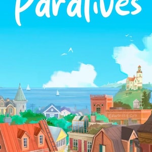 以下が含まれることがあります： 明るい青空を背景に白い文字でParalivesと書かれたデジタルイラスト。その下には、赤や茶色の屋根を持つカラフルな家々、緑の木々、石造りの井戸、そして海辺の遠くにある灯台が描かれた沿岸の町の風景が広がっています。