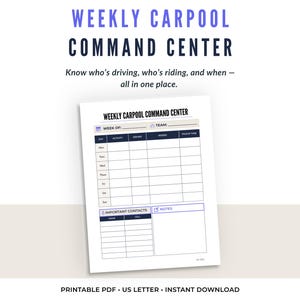 Op de afbeelding: Een wit printbaar document getiteld Weekly Carpool Command Center met een raster voor het bijhouden van dagelijkse activiteiten, chauffeurs, passagiers en ophaaltijden. Het bevat secties voor belangrijke contacten en notities.