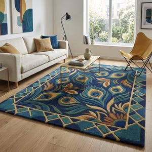 Könnte beinhalten: Ein rechteckiger Teppich mit tiefblauem Hintergrund und einem markanten Pfauenfeder-Muster in Türkis-, Gold- und Marineblautönen. Das Design umfasst eine geometrische Bordüre und stilisierte Federmotive, die eine strukturierte Optik erzeugen.
