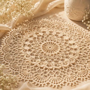 May include: A round, cream-colored crochet doily featuring an intricate, openwork radial pattern with a central starburst design, delicate fan-shaped edges, and a fine thread construction that creates a detailed, lace-like texture throughout the piece.