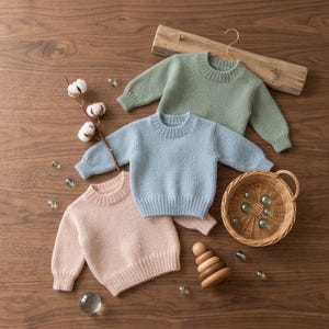 May include: Three long-sleeved knit sweaters in sage green, light blue, and soft pink. Each sweater features a ribbed crew neckline, cuffs, and hem. The sweaters are arranged with a small wicker basket, a wooden toy, and dried cotton stems.