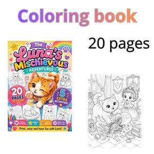 Puede incluir: Un libro para colorear titulado The Luna's Mischievous Adventures con un gatito atigrado naranja en la portada. El libro contiene 20 páginas para colorear y 5 actividades extra. Una página de muestra en blanco y negro muestra un gatito y un niño.