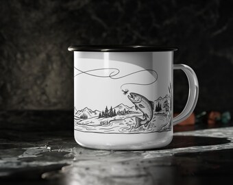 Fathers Day Fishing Mug | Fly Rod, River, Mountain Scene