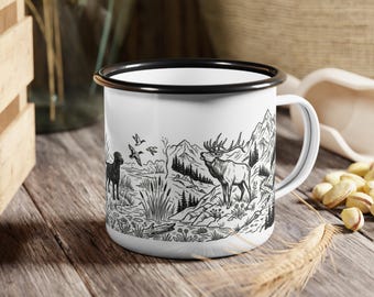 Fathers Day Hunting Mug | Deer, Dog & Cabin Outdoor Illustration