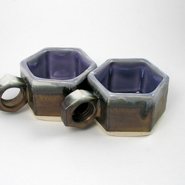Espresso Cup set of two in dark Purple Lavender and Black Gold/brass