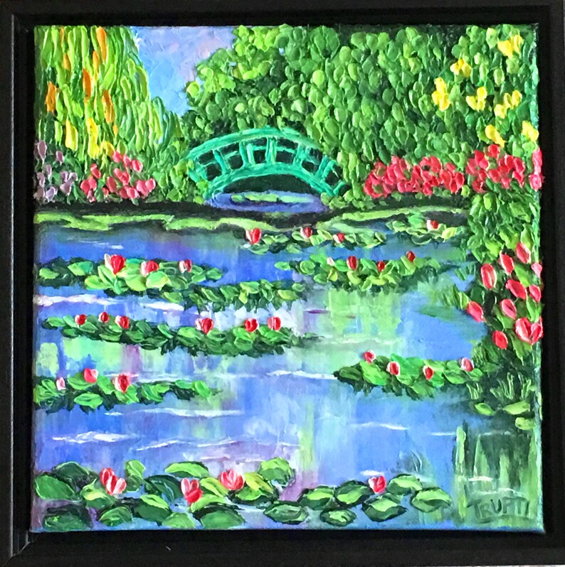 Framed Art Monet/'s Pink Lily Pond Impasto Palette Knife Art Original Oil Painting by Trupti Vakharia