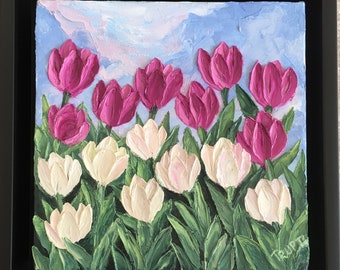 SPRING DELIGHTS- TULIPS  Original Oil Painting by Trupti Vakharia Small Impasto Textured Palette Knife Art 6x6